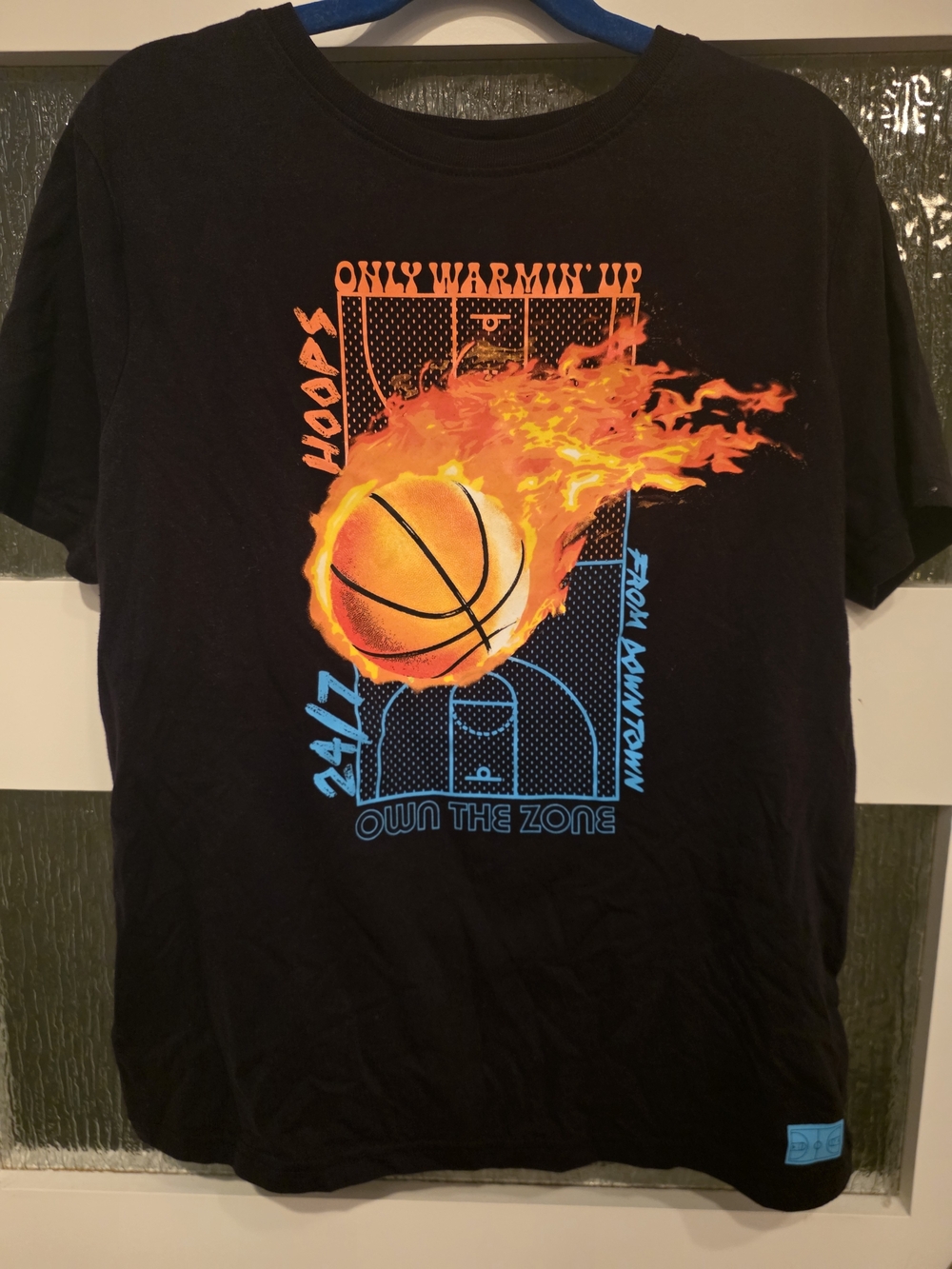 tek gear Black T‑Shirt with Orange Flaming Basketball and Blue Court Graphic